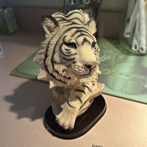 Elegant White Bengal Tiger Sculpture. Rich brown wood base. Felt bottom. Vintage